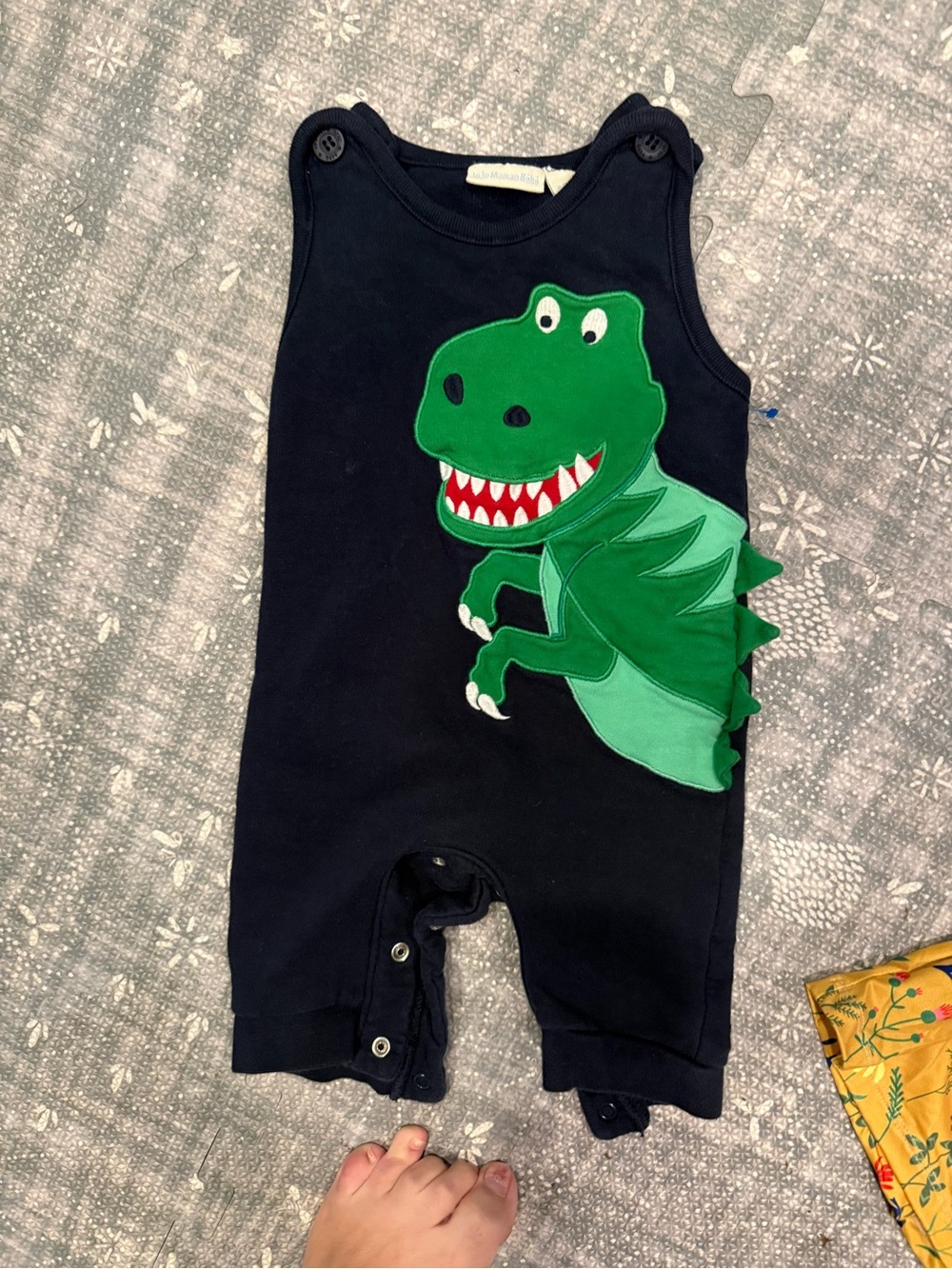 JoJo Maman Bebe Navy Romper with Green Dinosaur Appliqué